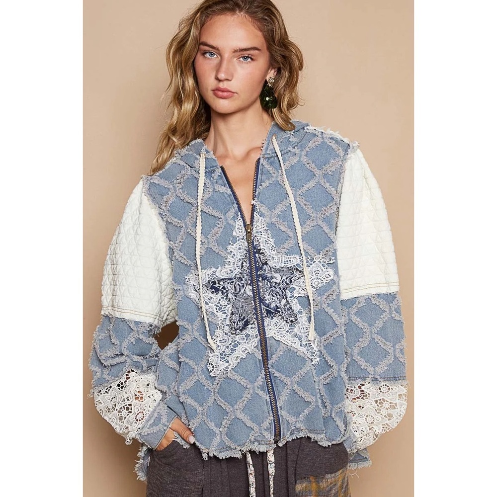 NEW POL Oversized Multi Star Denim Lave Quilted Zip Up Hoodie Medium